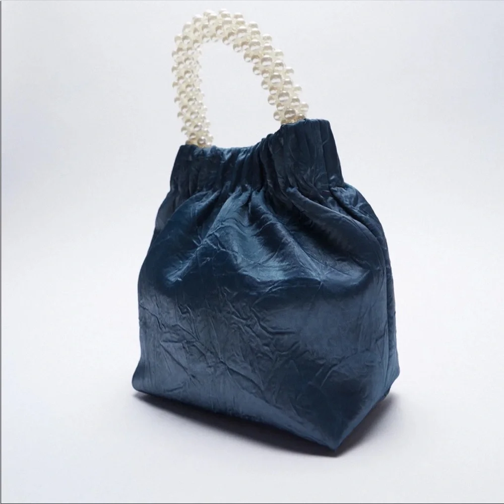 NWT Zara Blue Pearl Handle Wrinkled Crossbody Bag